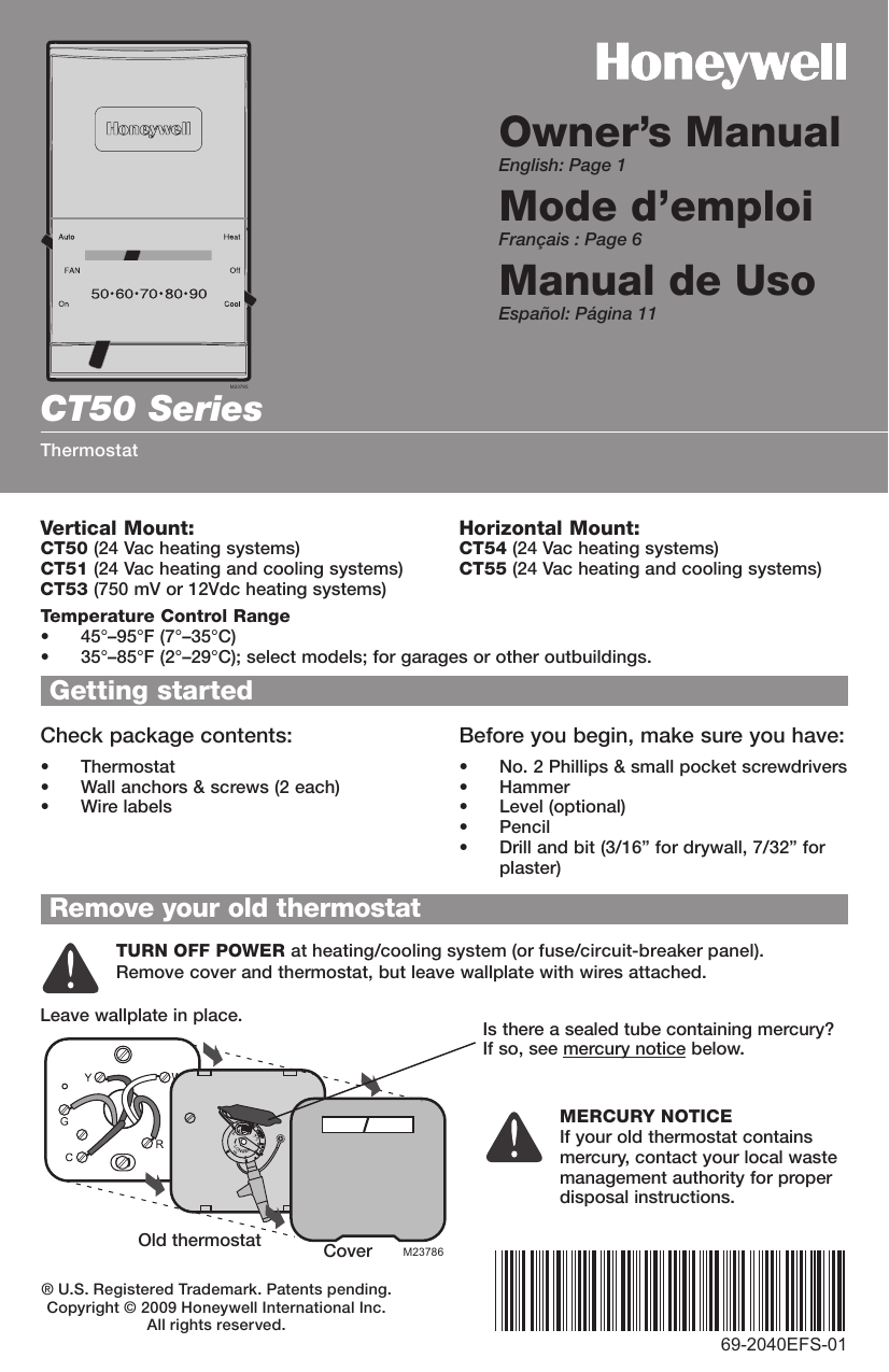 Honeywell CT51N1007 Thermostat Owner’s Manual | Manualzz