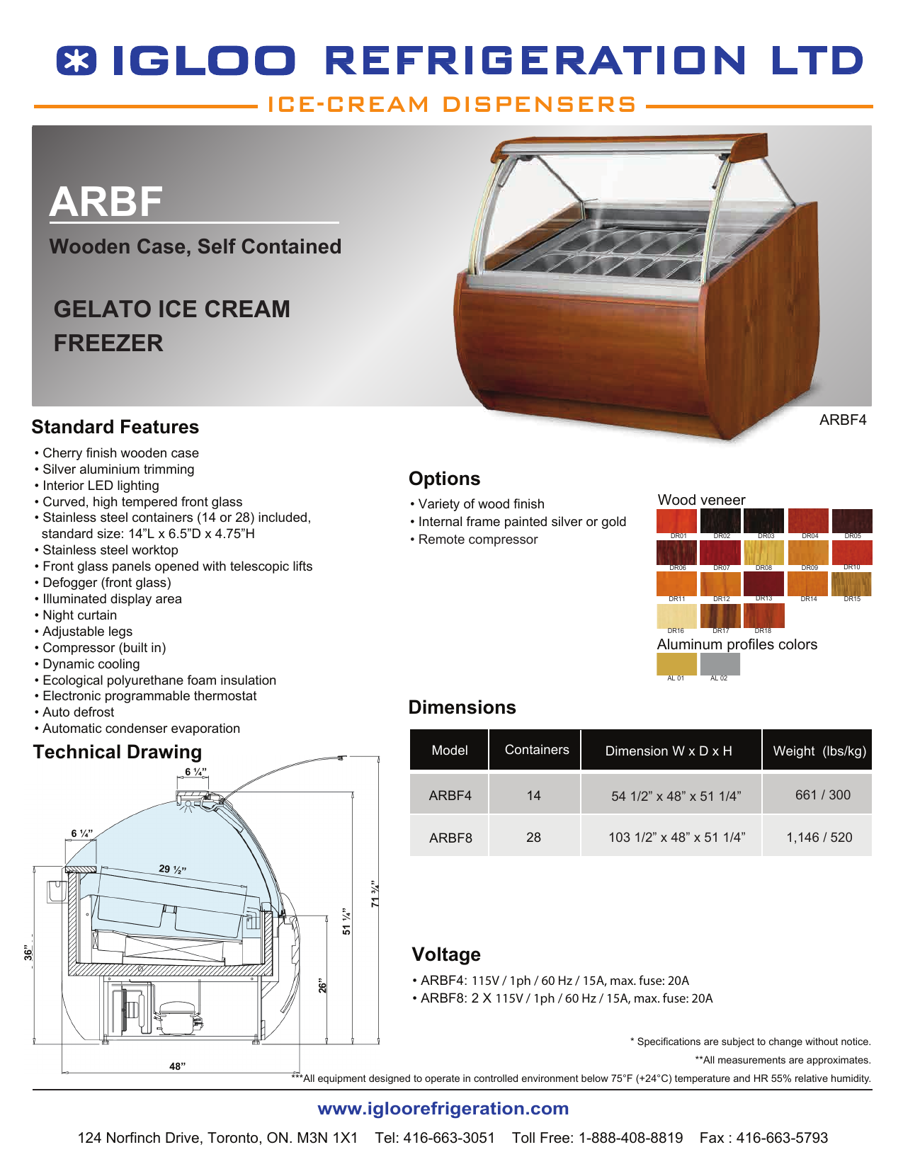 Igloo ARBF Gelato Ice Cream Freezer Spec Sheet Manualzz