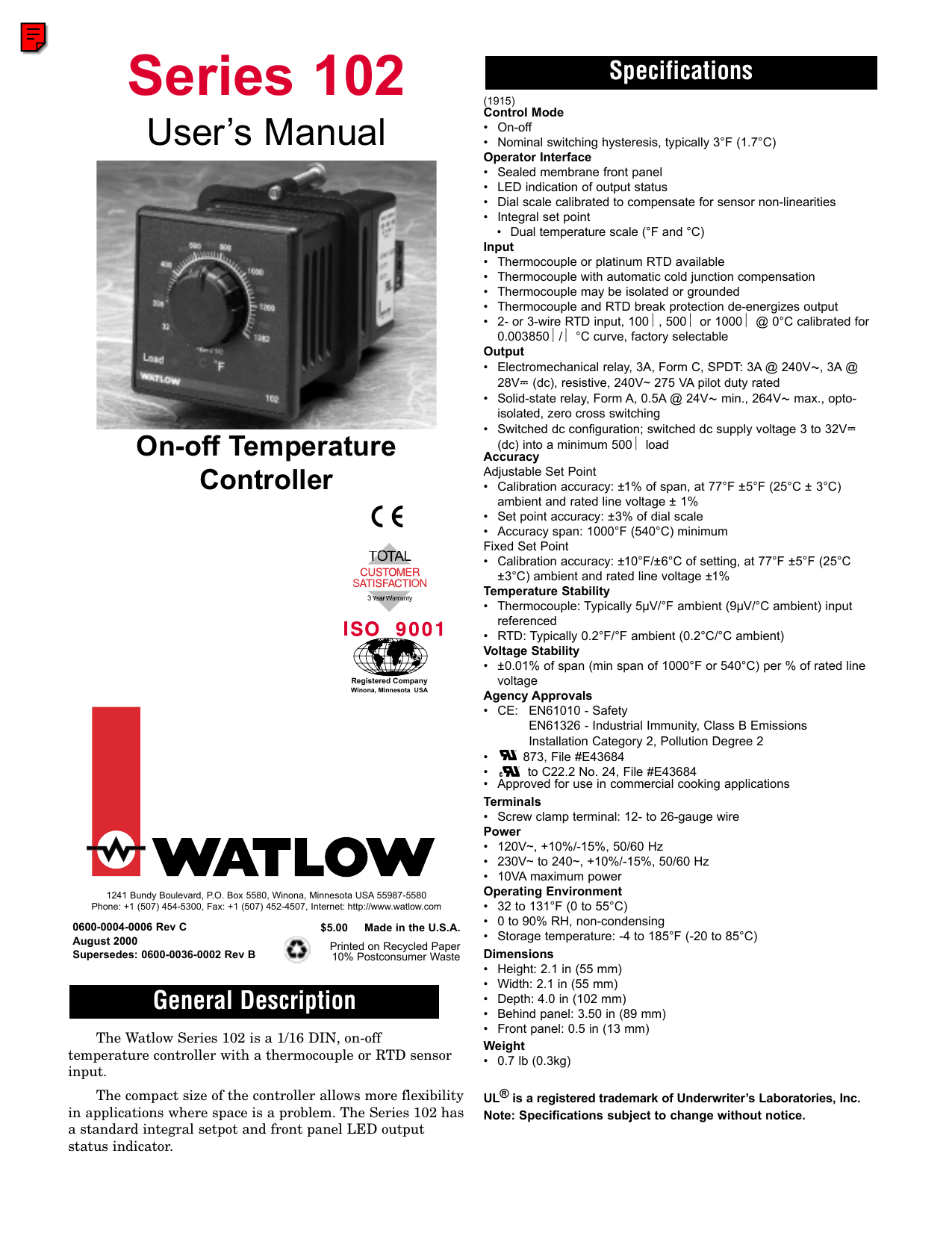 Watlow SERIES 102 User manual | Manualzz