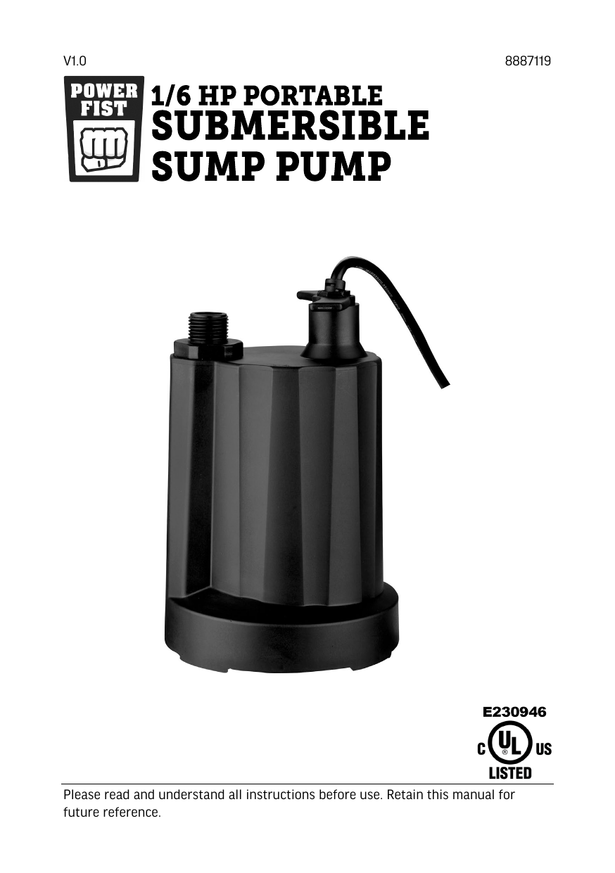 Power Fist 8887119 1/6 HP Utility Pump Owner's Manual Manualzz