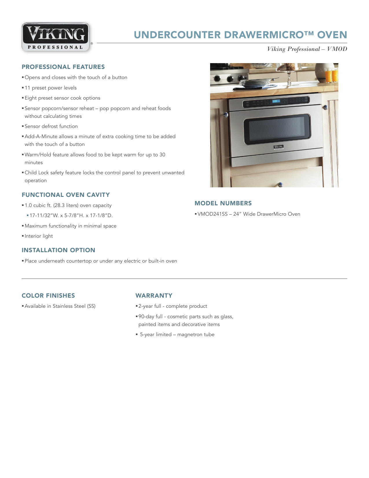 Viking Range VMOD241 Undercounter DrawerMicro Oven Specifications Sheet