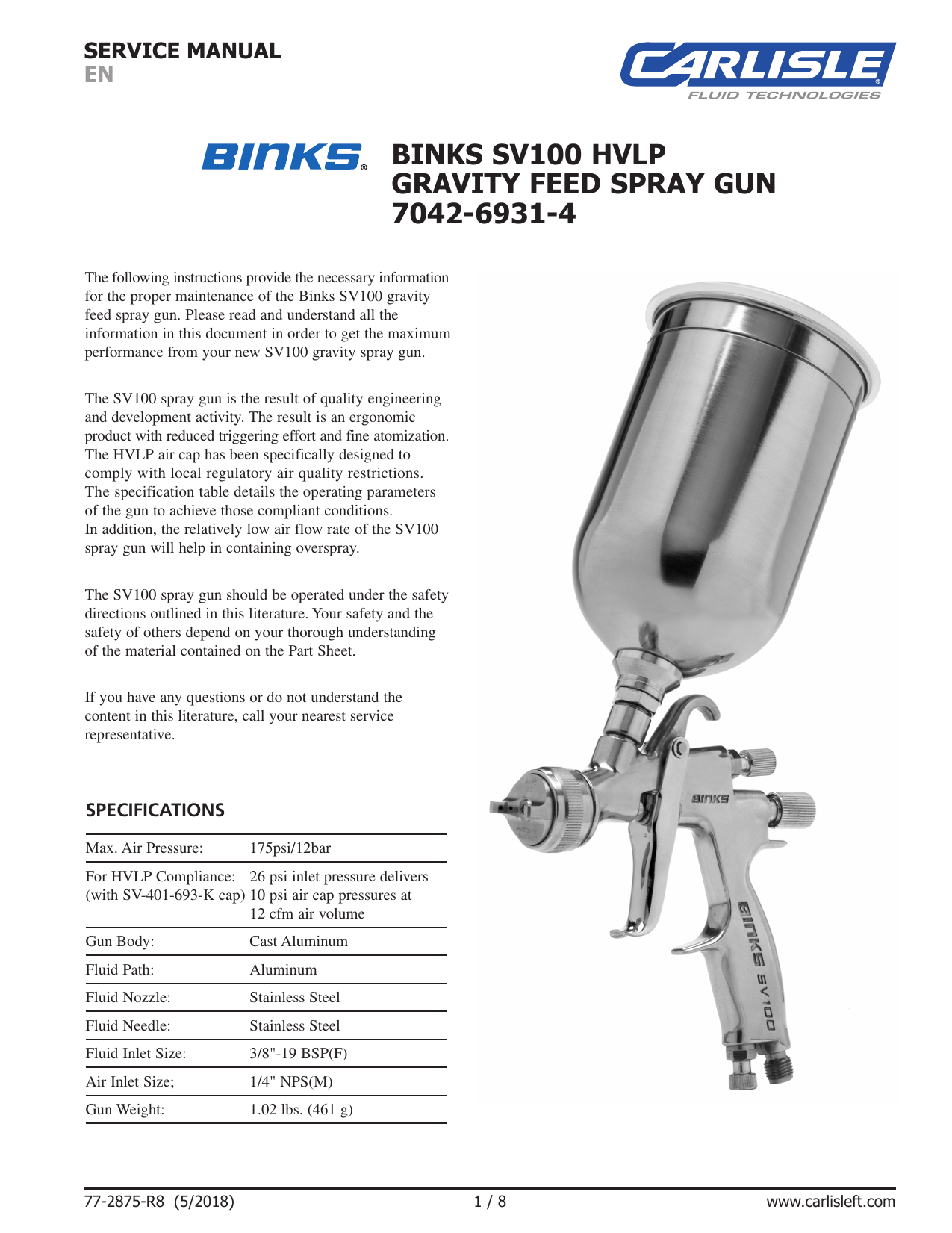 Binks SV100 Spray Gun Series User manual Manualzz