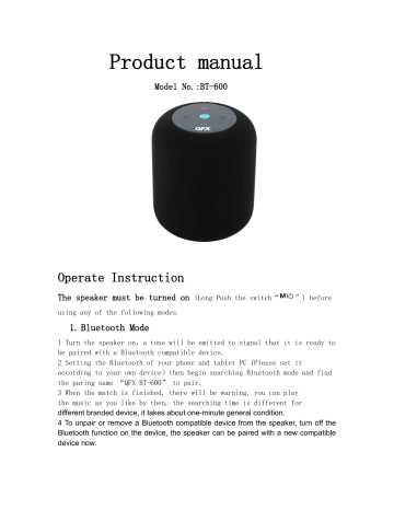 QFX BT-600, BT-600 Portable Bluetooth Music Pod Manual de usuario