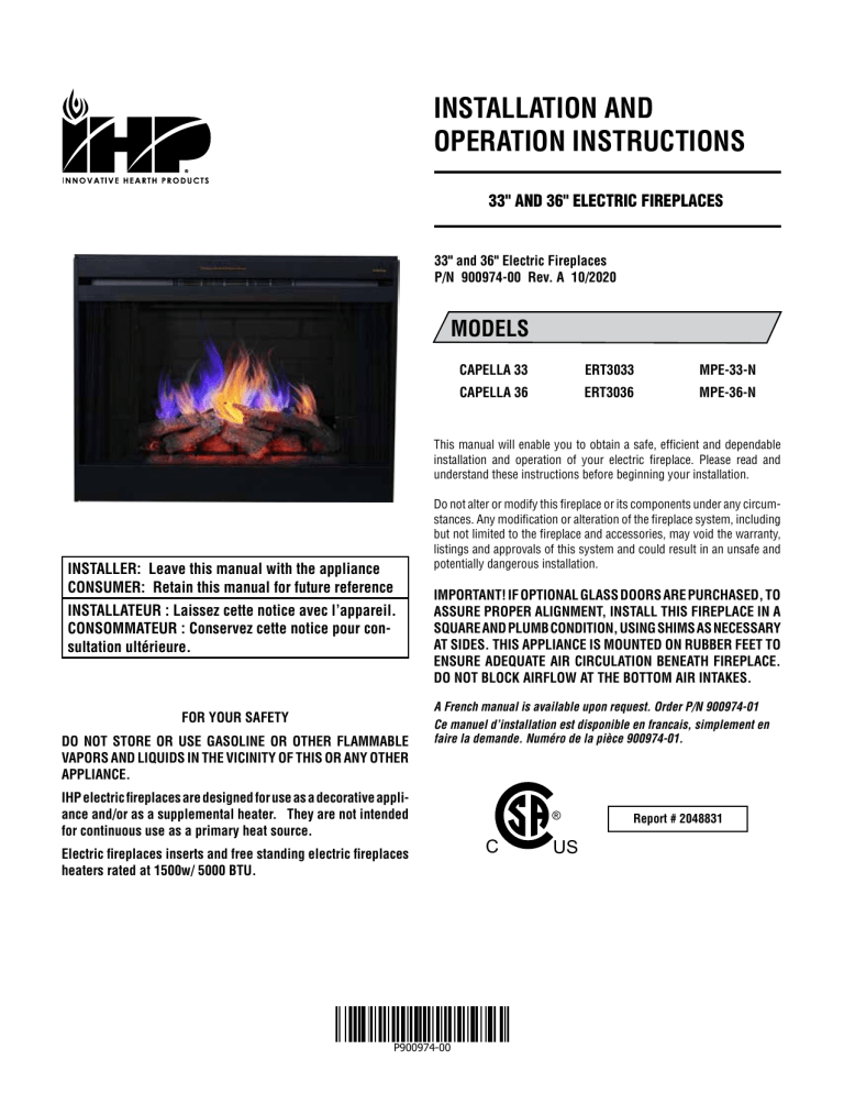 Superior Fireplaces ERT3036, ERT3000, ERT3033 Operating instructions
