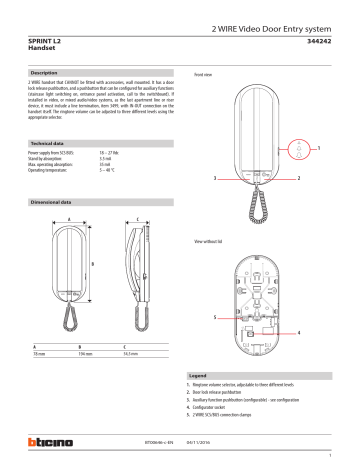 Bticino 344242 L2 Audio Handset C100 Data Sheet | Manualzz