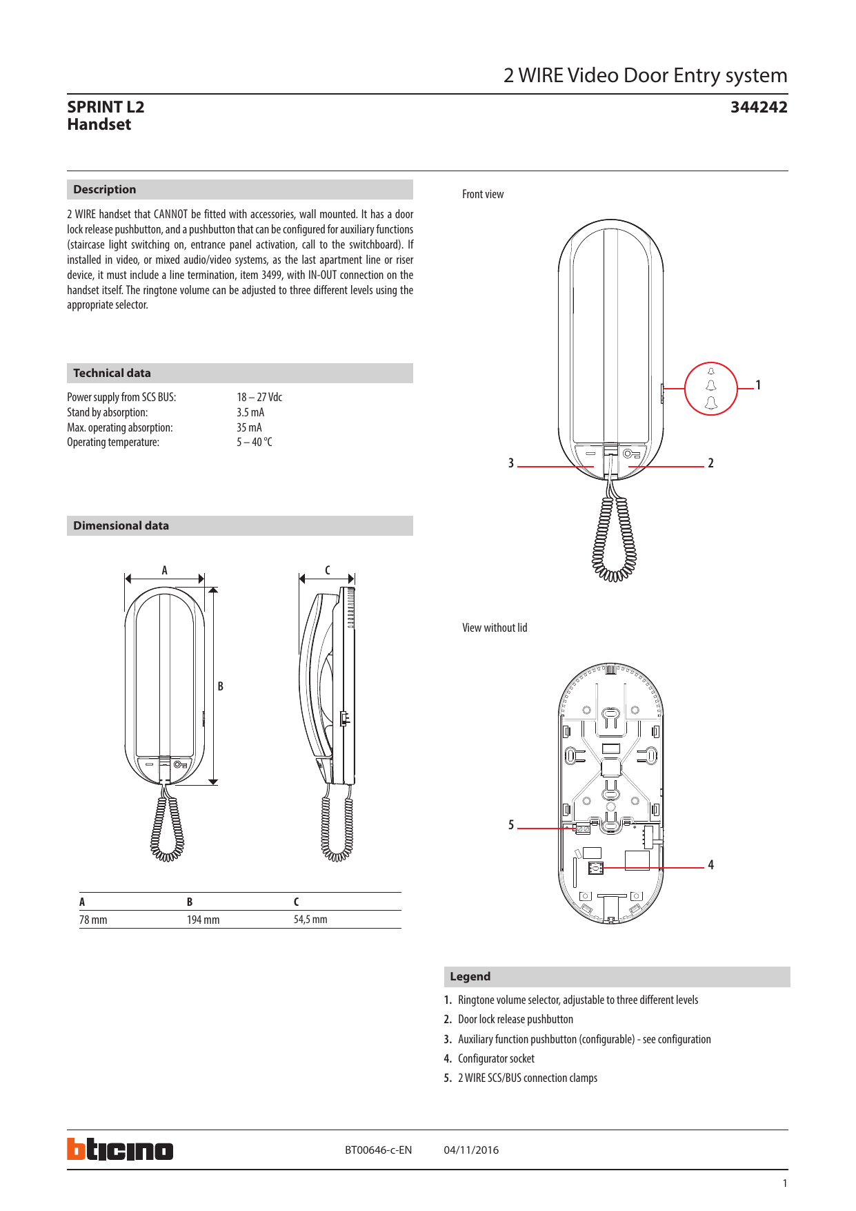 Bticino L2 Audio Handset C100 Data Sheet Manualzz