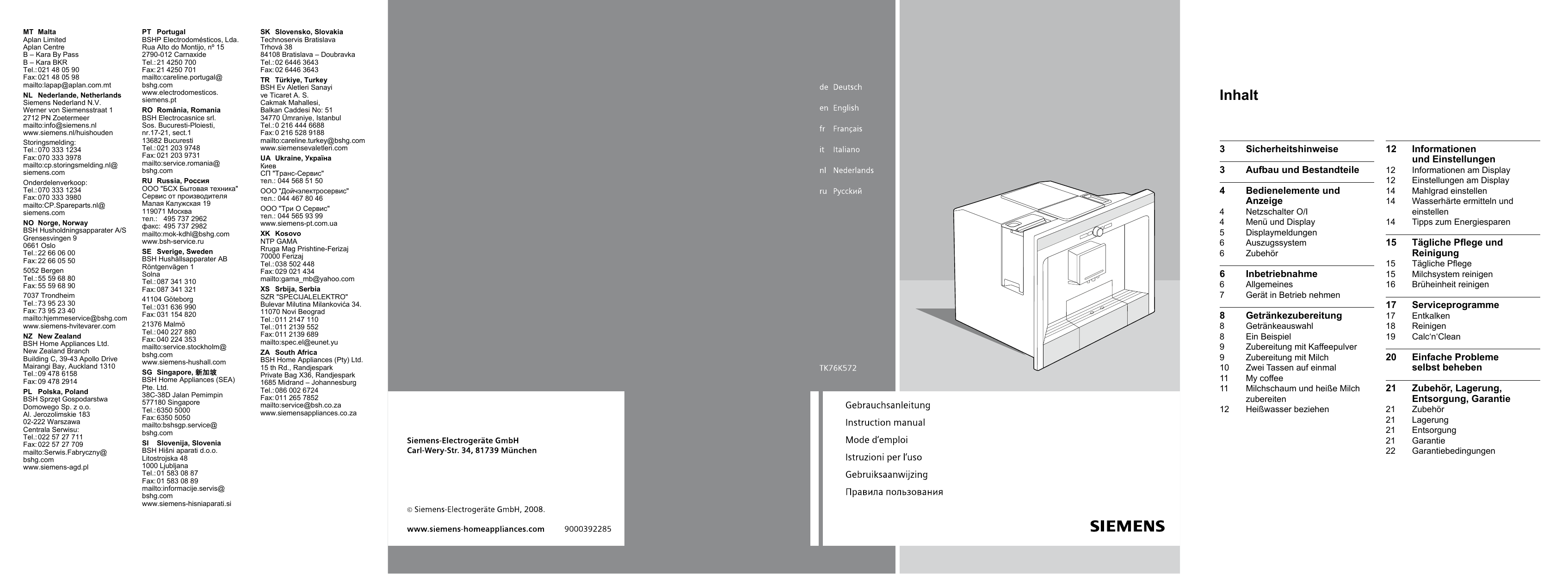 Siemens TK76K572, TK76K572CH/02, TK76K572CH/01, TK76K572GB User manual