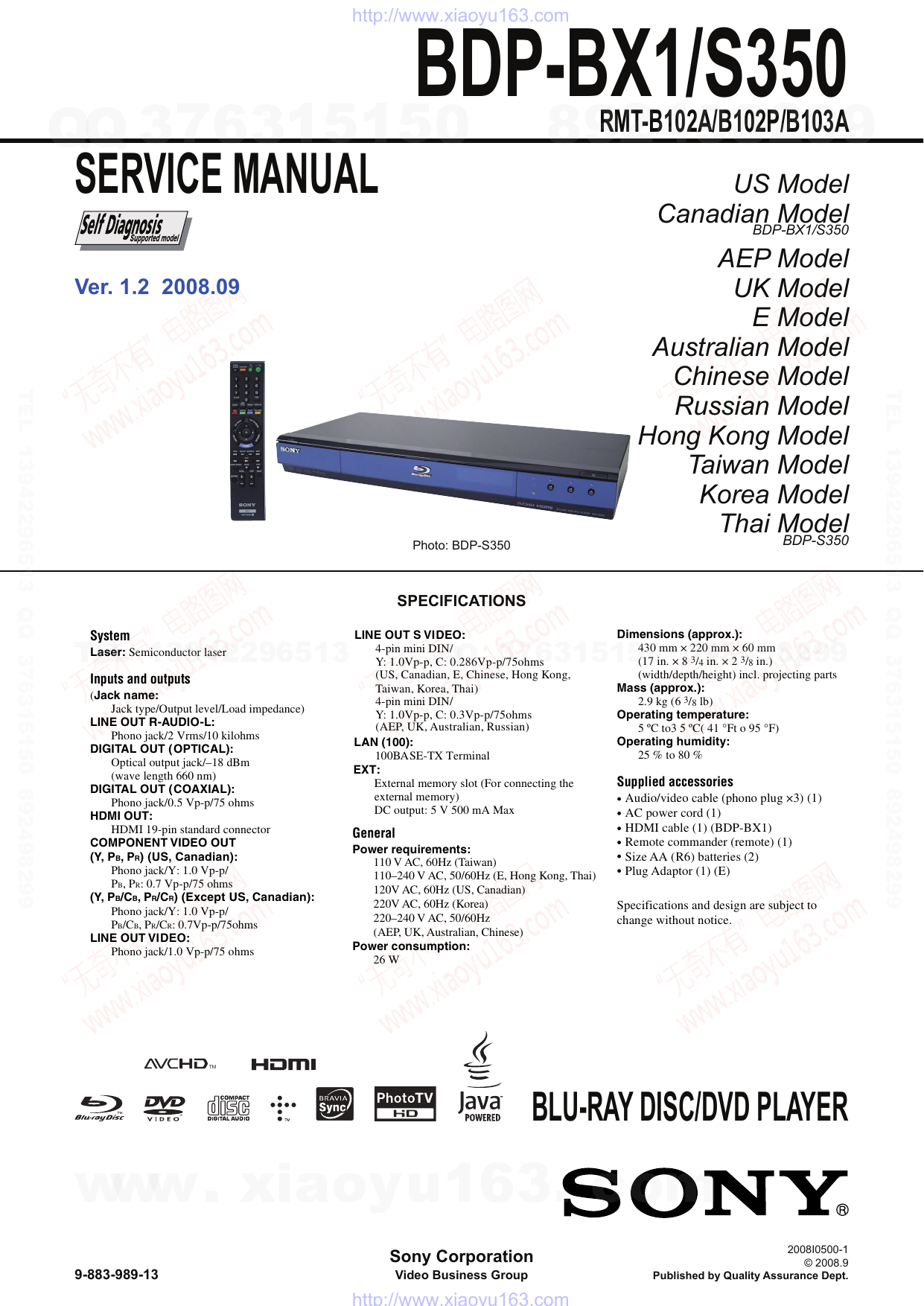 Sony Blue ray Disc BDPS350, BDPBX1 Bluray Disc™ Player User manual