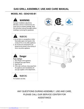 Savor Pro GD4210S-B1 Bbq And Gas Grill Assembly, Use And Care Manual ...