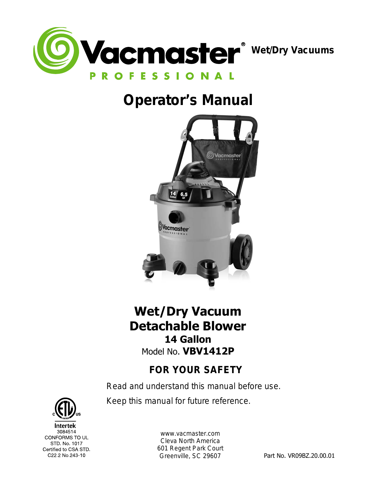 Vacmaster VBV1412P Operator's Manual Manualzz