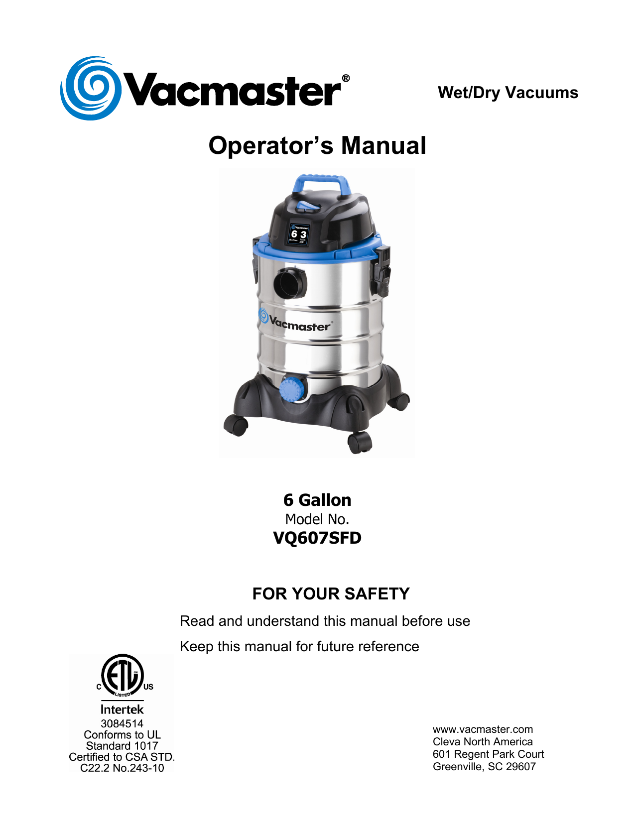 Vacmaster VQ607SFD Operator's Manual | Manualzz