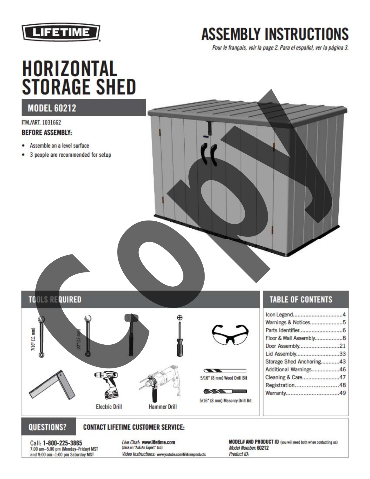 Lifetime 60212 Horizontal Storage Shed (75 cubic feet) Owner's Manual