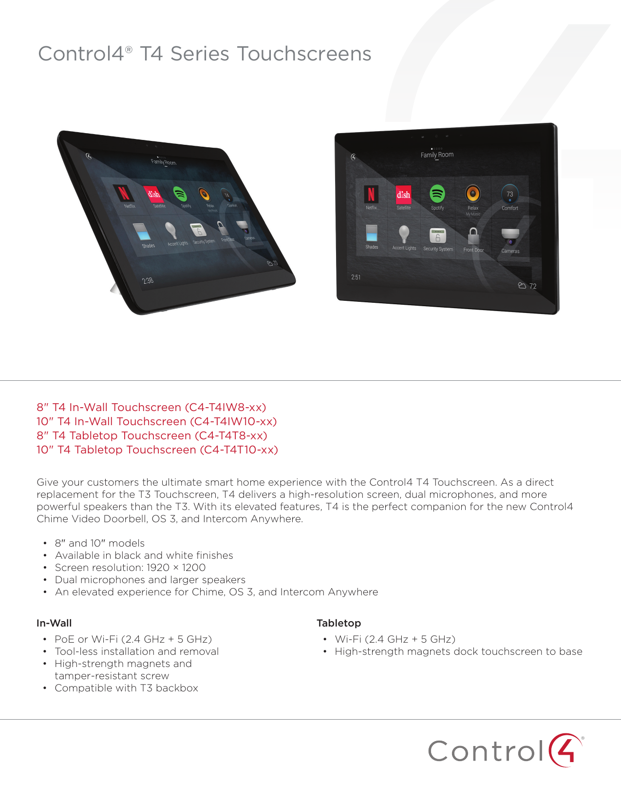 Control4 T4 Series Touchscreen Datasheet | Manualzz