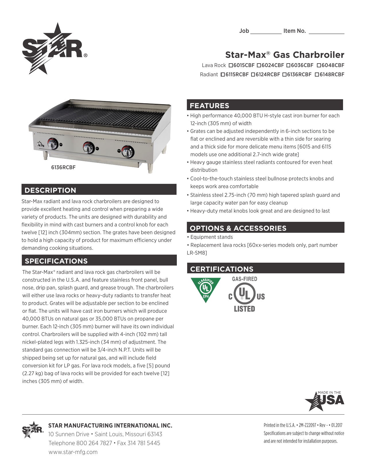 Star 6015CBF StarMax® Radiant & Lava Rock Gas Charbroiler Spec Sheet