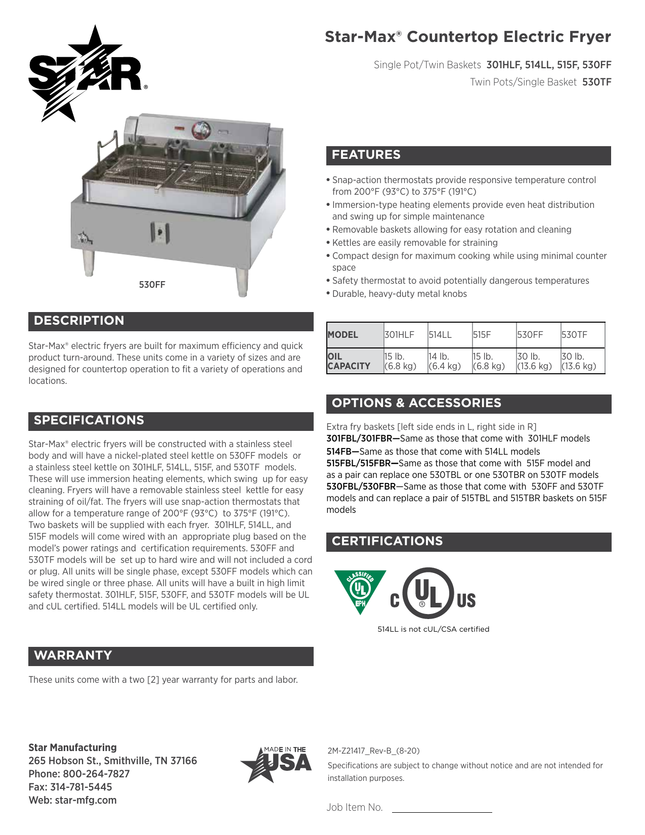 Star-Max 530TF Electric Countertop Fryer – 208/240V – 30 lb Oil Capacity -  Twin Pots/Single Basket - Star Manufacturing