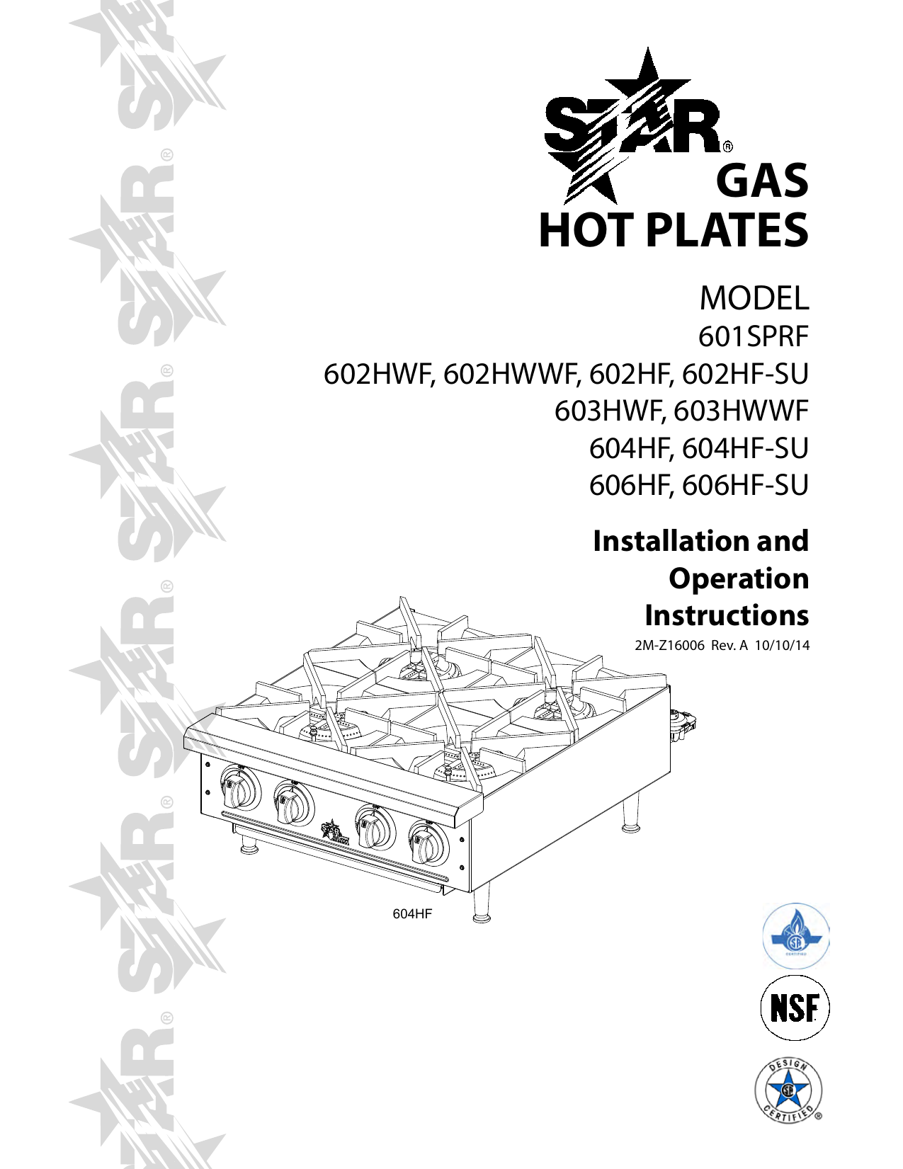 Star 604HF StarMax® Gas Hot Plate Owner's Manual Manualzz