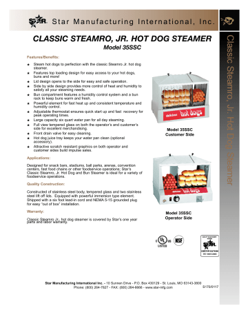 Star 35SSC Hot Dog Steamer Spec Sheet | Manualzz