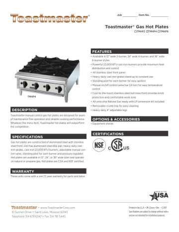 Toastmaster (TMHP6) GAS 6 Burner Countertop Hot Plate, 132,000 BTU