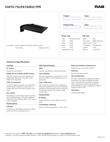 RAB Lighting IVAT4-75LPA740KU/7PR Area Light Spec Sheet | Manualzz