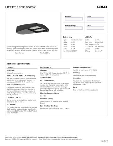 RAB Lighting LOT3T110/D10/WS2 Area Light Spec Sheet | Manualzz