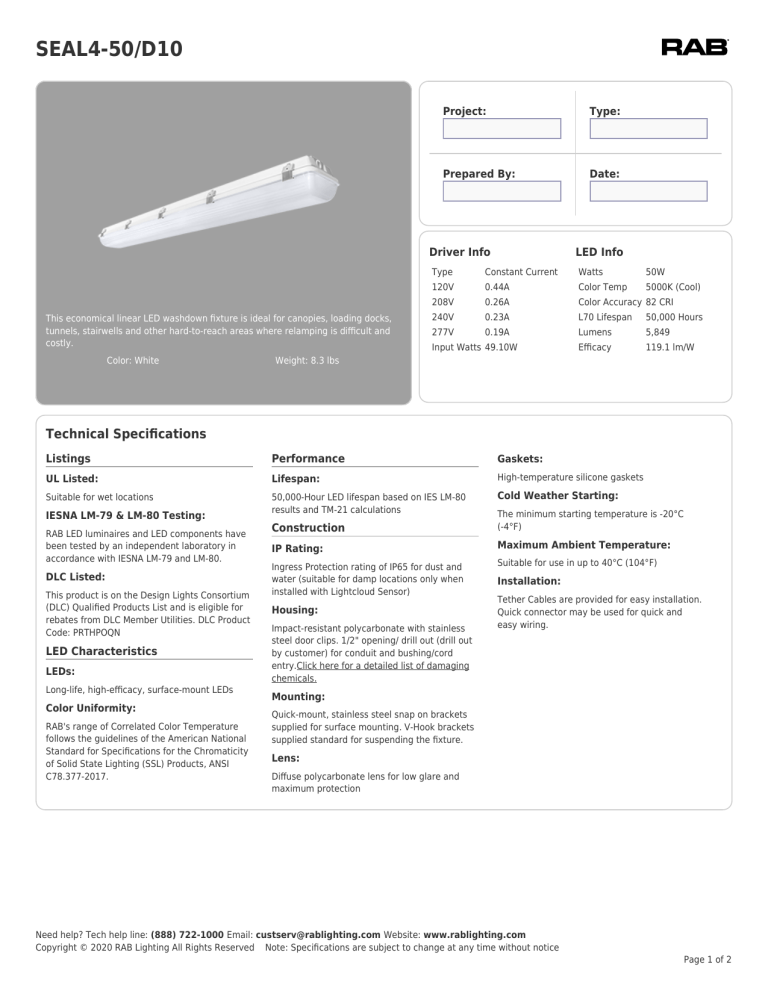 RAB Lighting SEAL4-50/D10 Specification | Manualzz