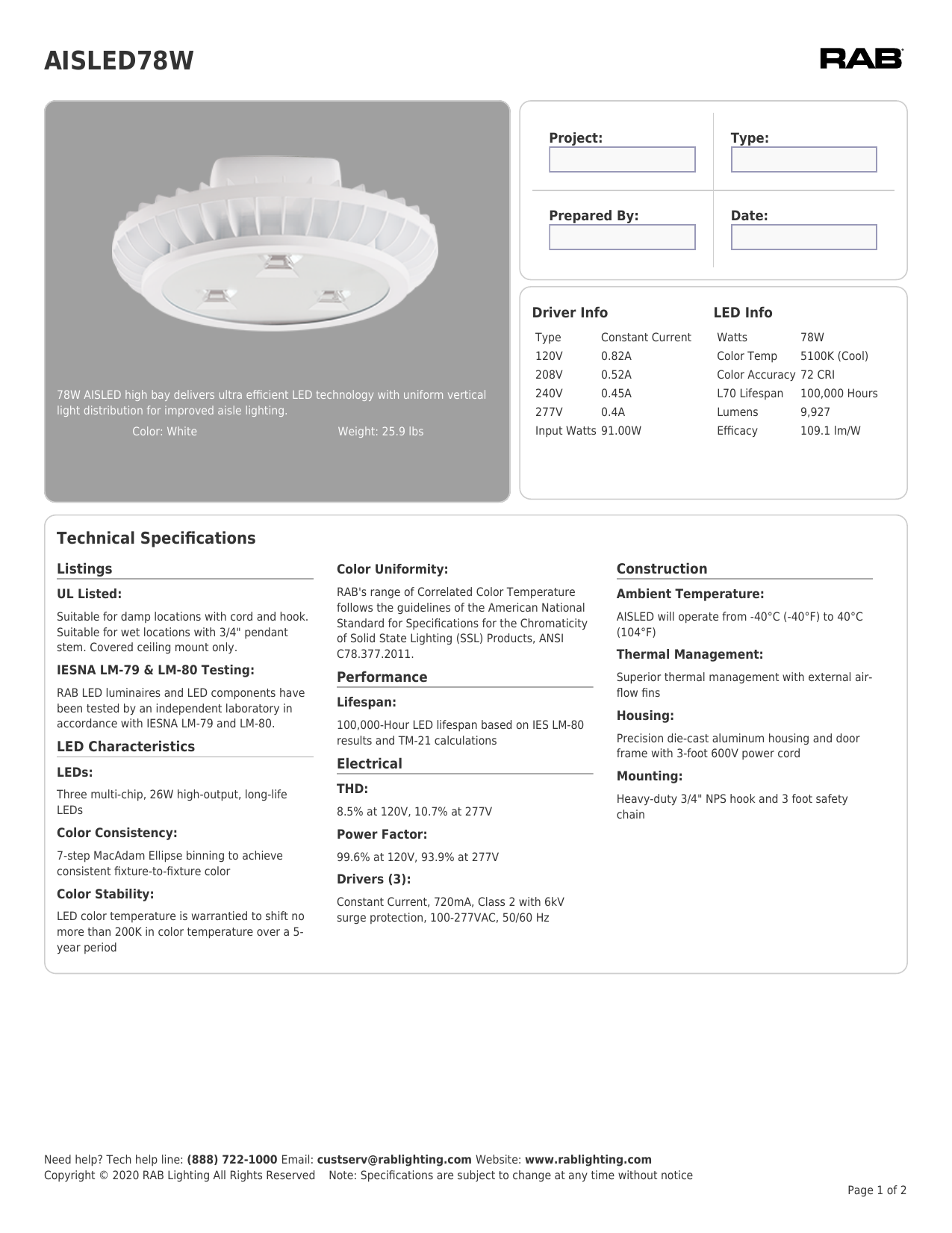 RAB Lighting AISLED78W Highbay Spec Sheet | Manualzz