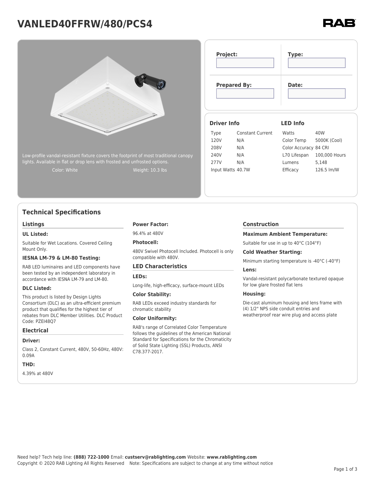 RAB Lighting VANLED40FFRW/480/PCS4 Canopy Light Spec Sheet | Manualzz