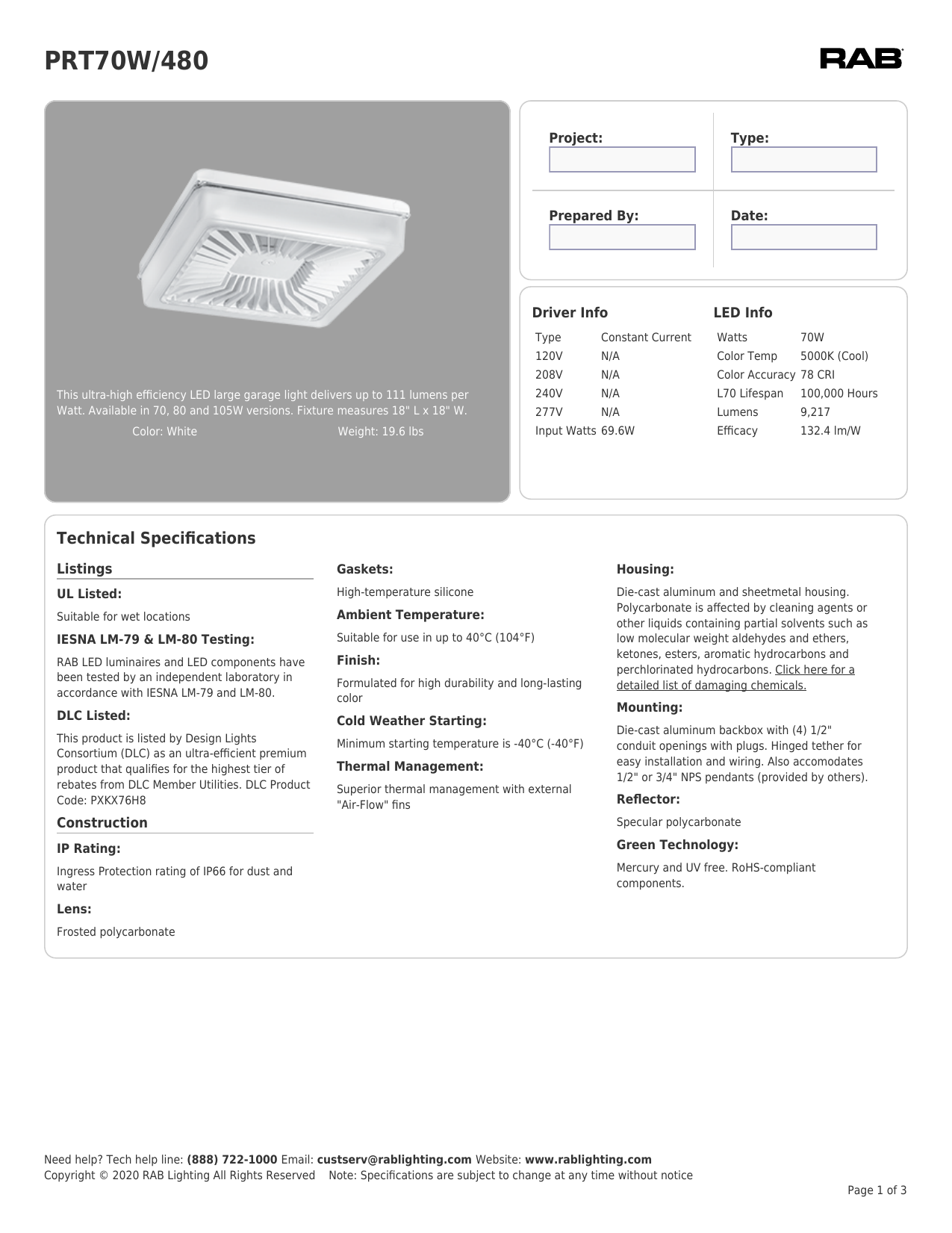 RAB Lighting PRT70W/480 Garage Light Spec Sheet Manualzz
