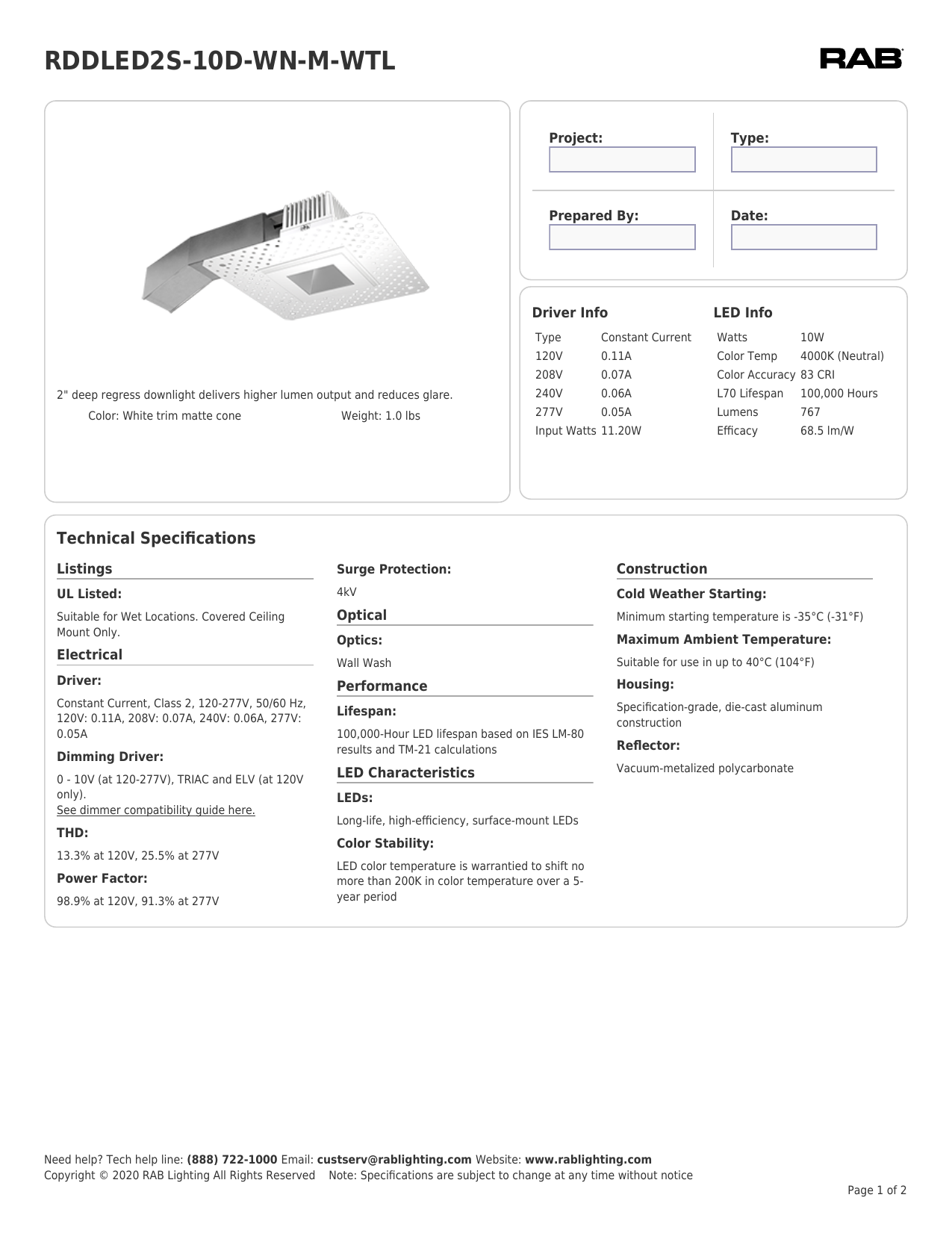 RAB Lighting RDDLED2S-10D-WN-M-WTL Recessed Downlight Spec Sheet | Manualzz