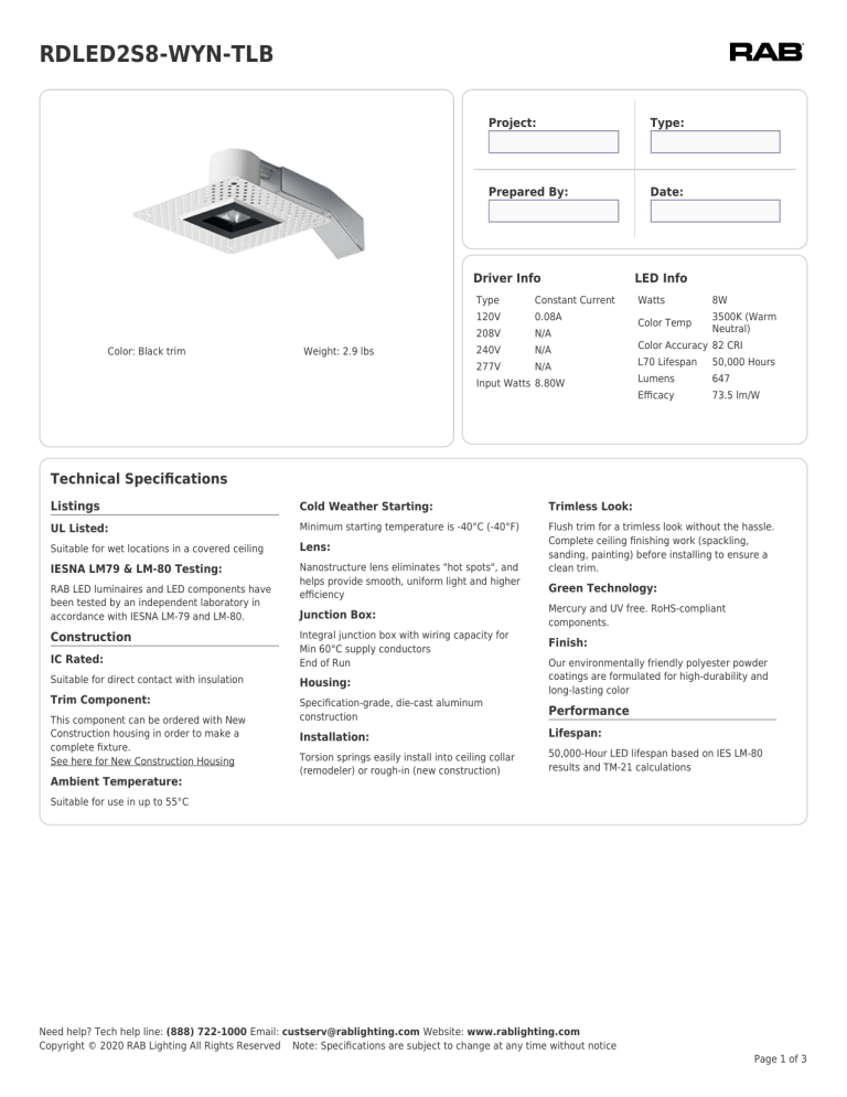 RAB Lighting RDLED2S8-WYN-TLB Specification | Manualzz