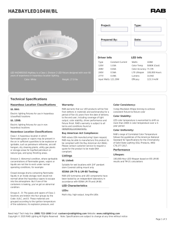 RAB Lighting HAZBAYLED104W/BL Hazardous Lighting Spec Sheet | Manualzz