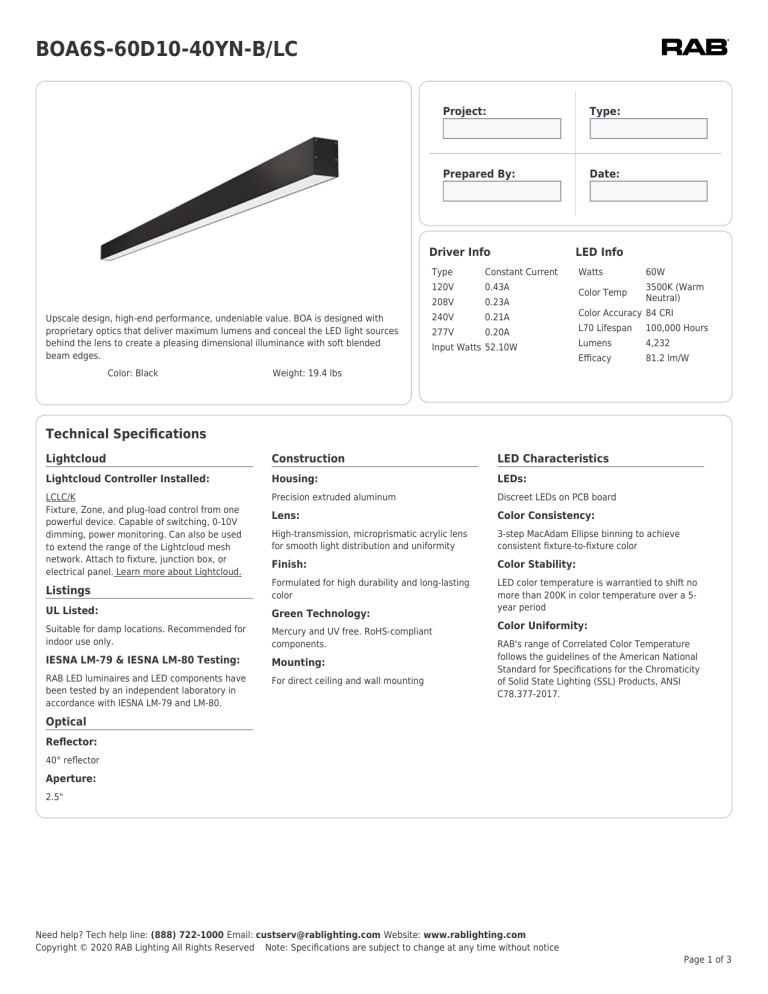 Rab Lighting Boa6s 60d10 40yn B Lc Specification Manualzz