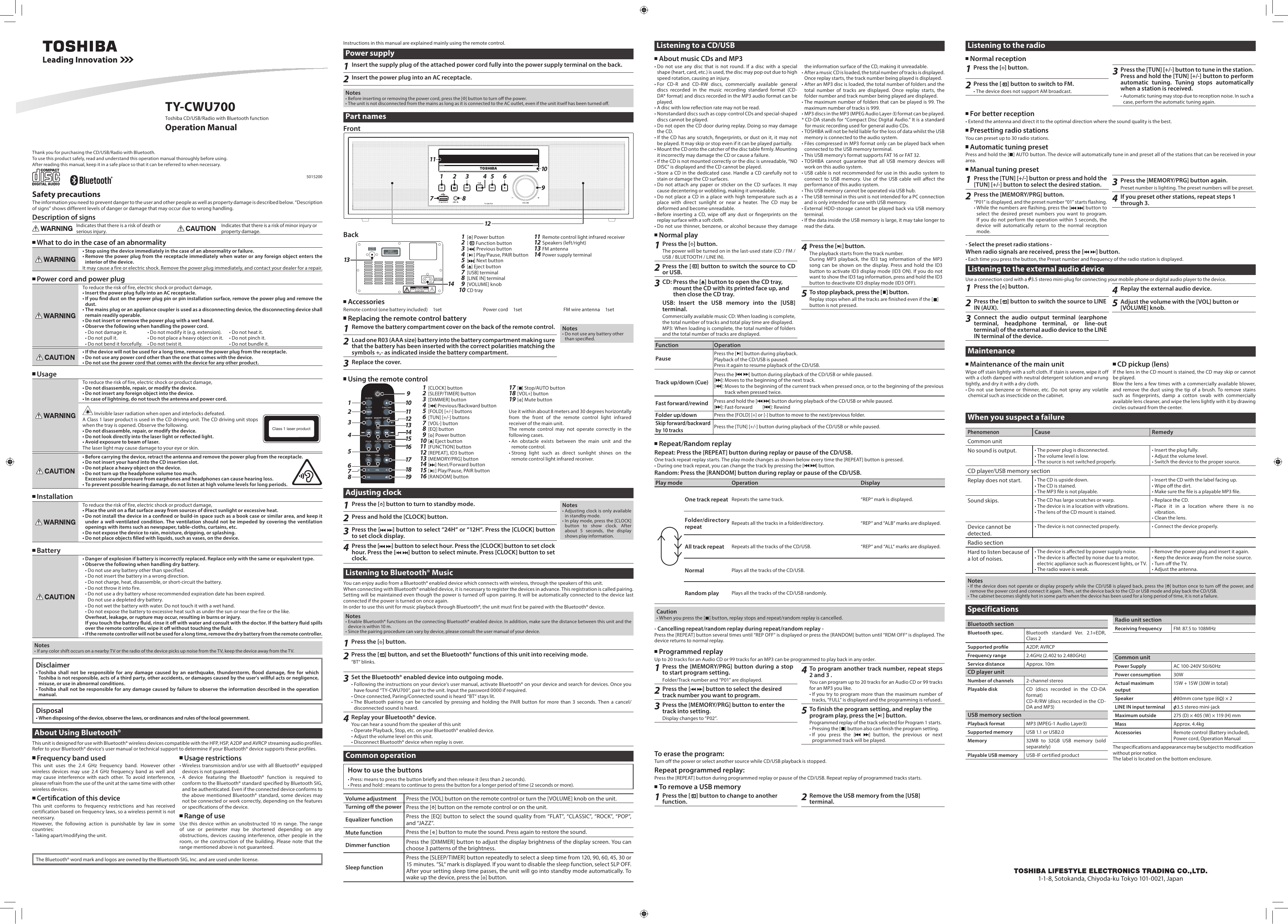 Brand: Toshiba TY-CWU700 User manual | Manualzz