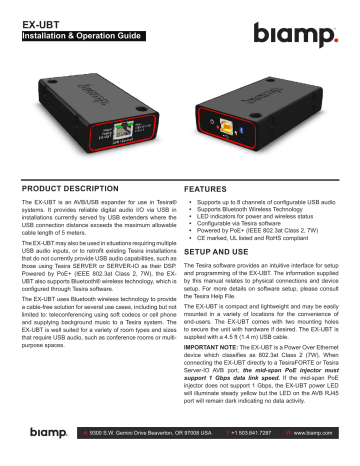 Biamp Tesira EX-UBT AVB/USB Expander Installation & Operation Guide ...