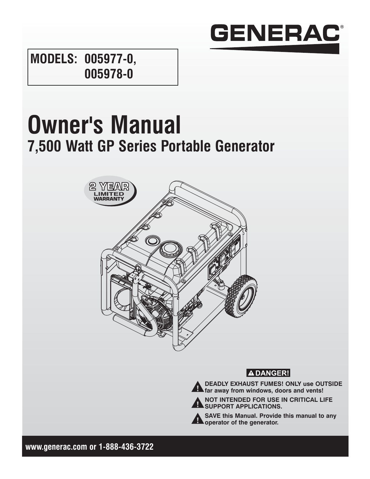 Generac GP7500 0059770 Portable Generator Manual | Manualzz