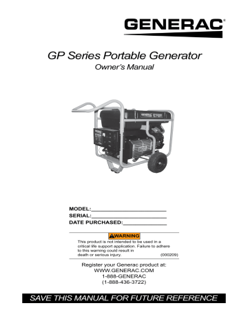 Generac GP17500E G0057352 Portable Generator Manual | Manualzz