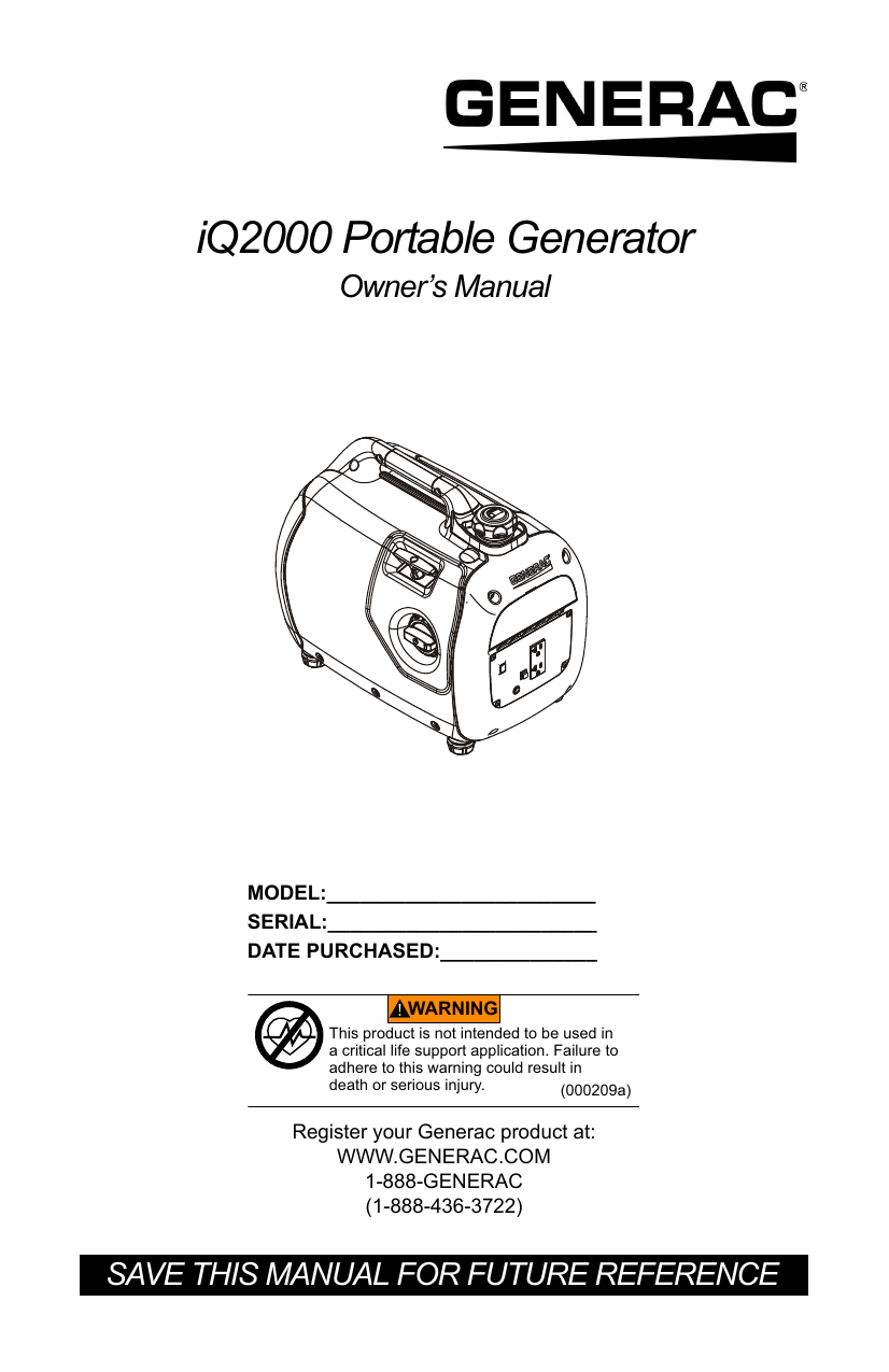 Generac iQ2000 006866R0 Portable Generator Manual Manualzz