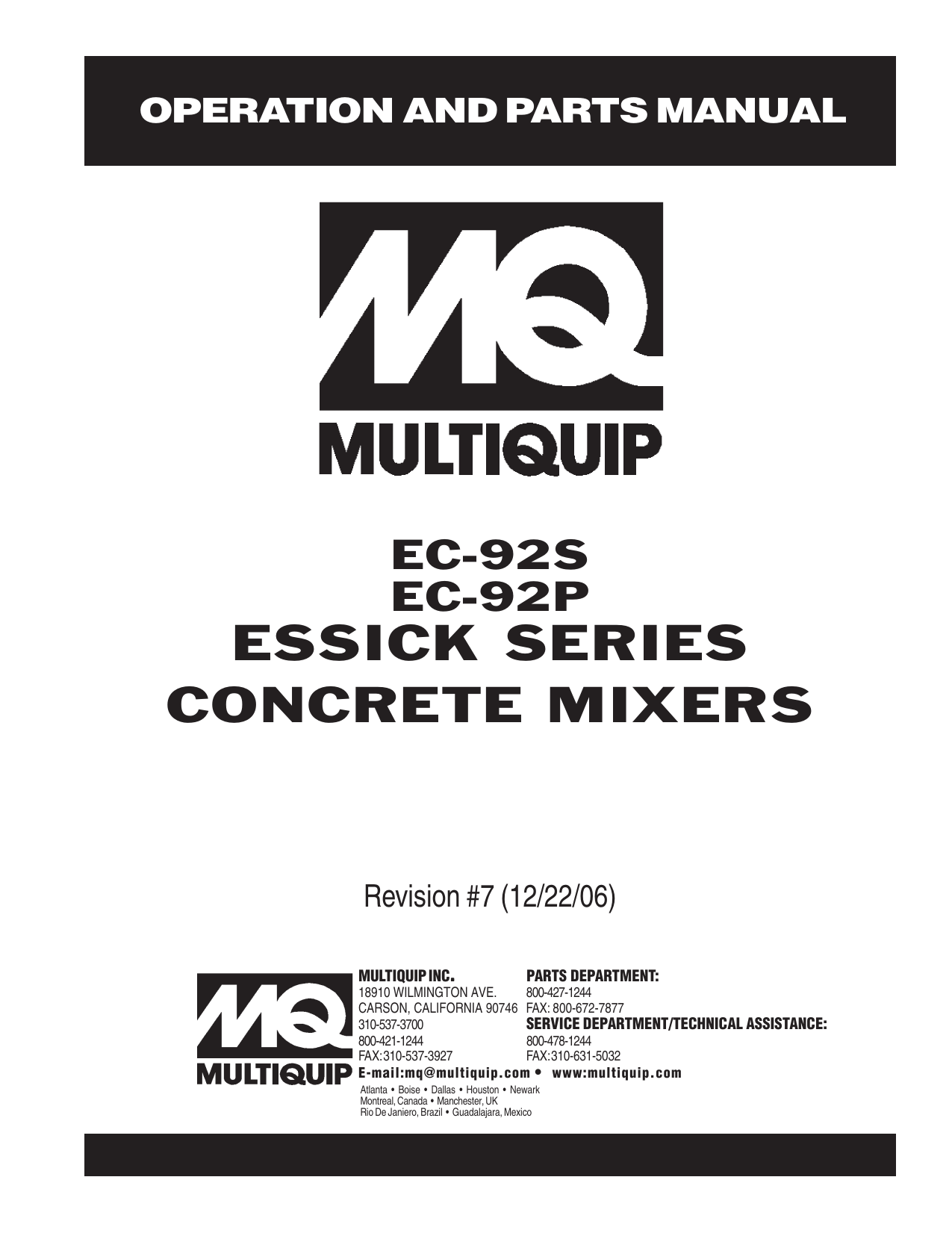 MQ Multiquip EC92SP Essick Concrete Mixer Operation Manual Manualzz