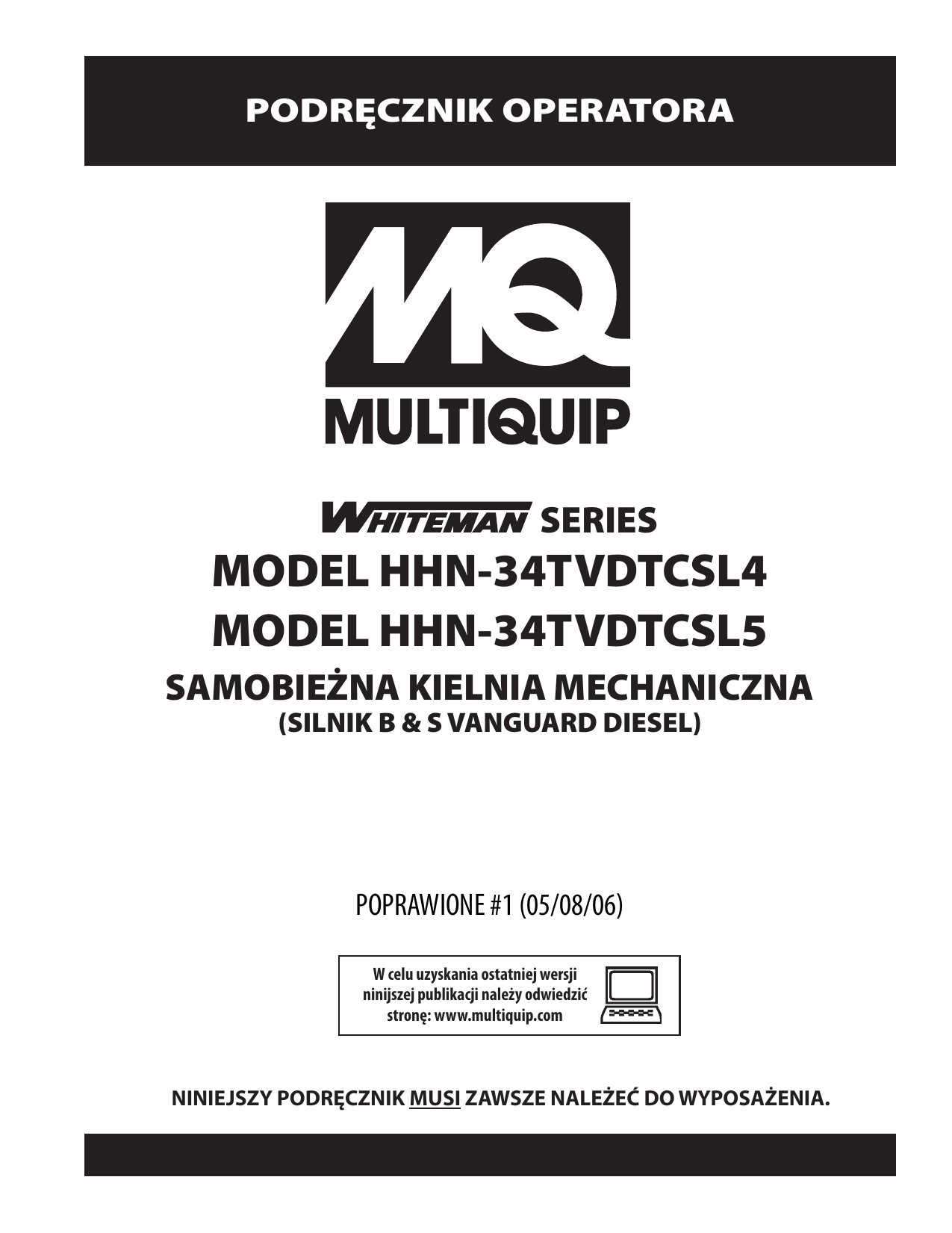 MQ Multiquip HHN34TVD Mechanical RideOn Trowel Instrukcja