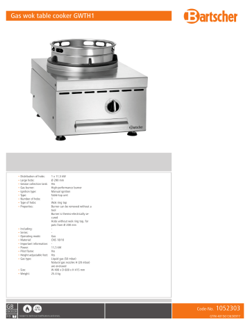 Bartscher 1052303 Gas wok table cooker GWTH1 Data sheet | Manualzz