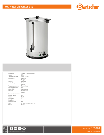 Bartscher 200063 Hot water dispenser 28L Data sheet | Manualzz