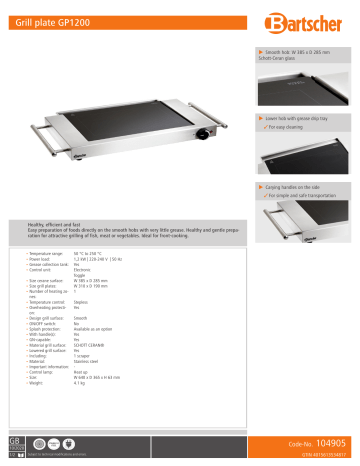 Bartscher 104905 Grill plate GP1200 Data sheet | Manualzz