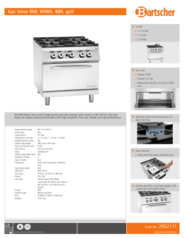 Bartscher 2952171 Gas stove 900, W900, 4BR, gsO Data sheet | Manualzz