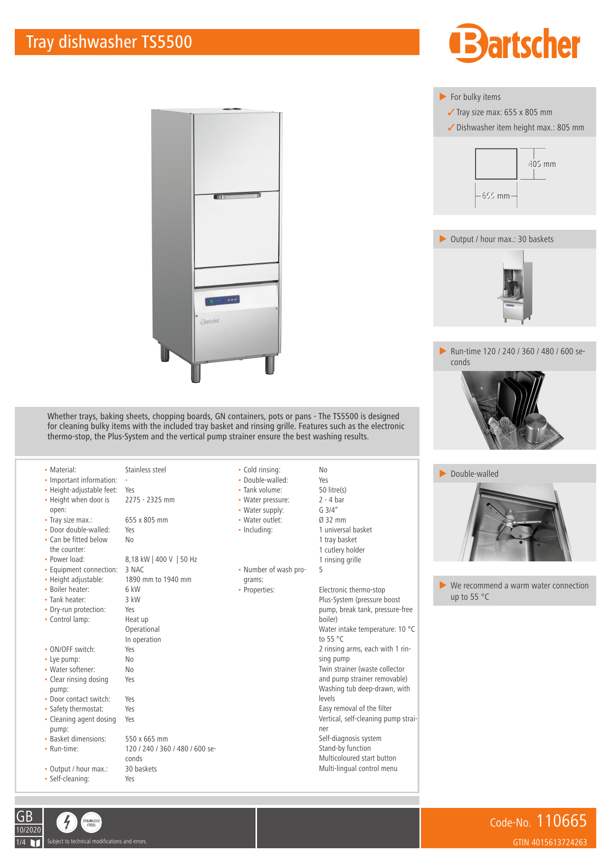 Bartscher 110665 Tray dishwasher TS5500 Data sheet Manualzz