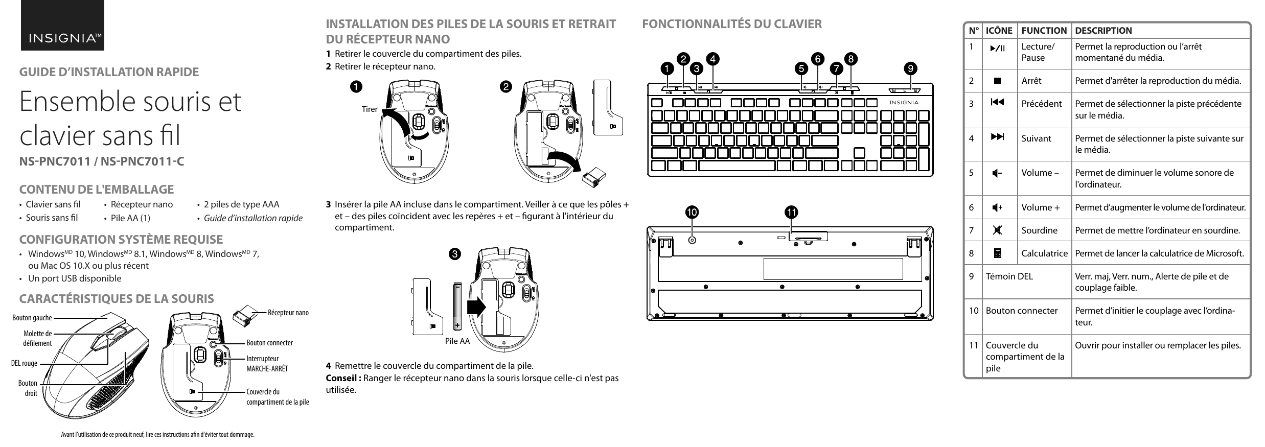 Insignia NS-PNC7011 Wireless Keyboard and Mouse Guide d'installation