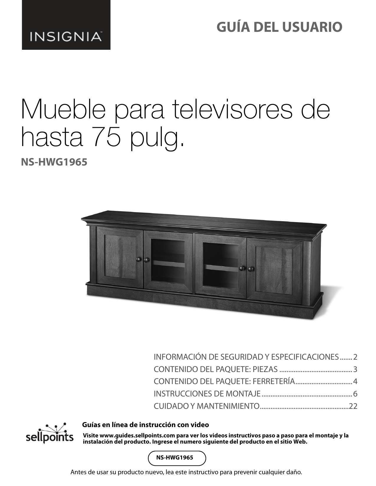 Insignia NSHWG1965 TV for Most FlatPanel TVs Up to 75" Guía