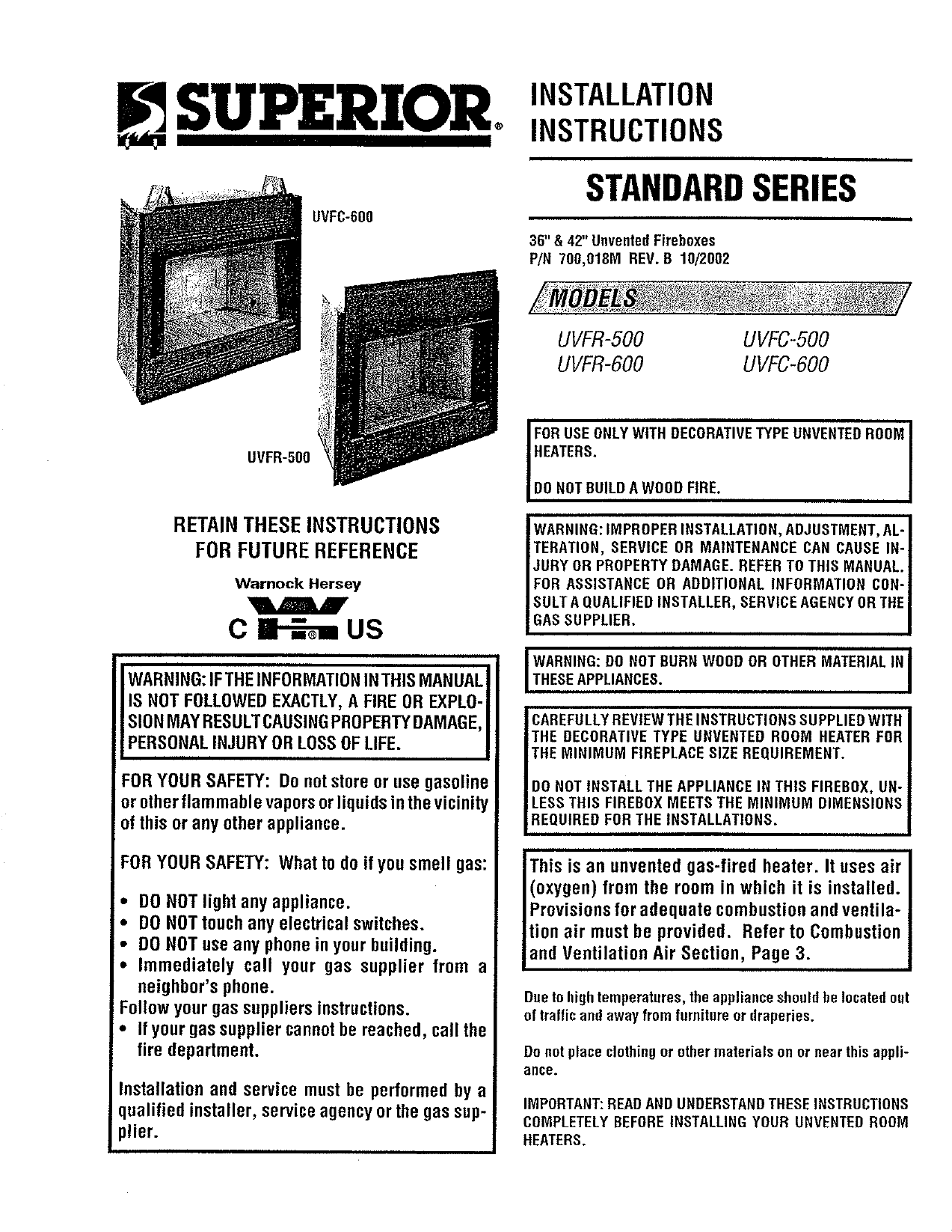 Intertherm Fireplaces VentFree Gas Fireplace Installation guide