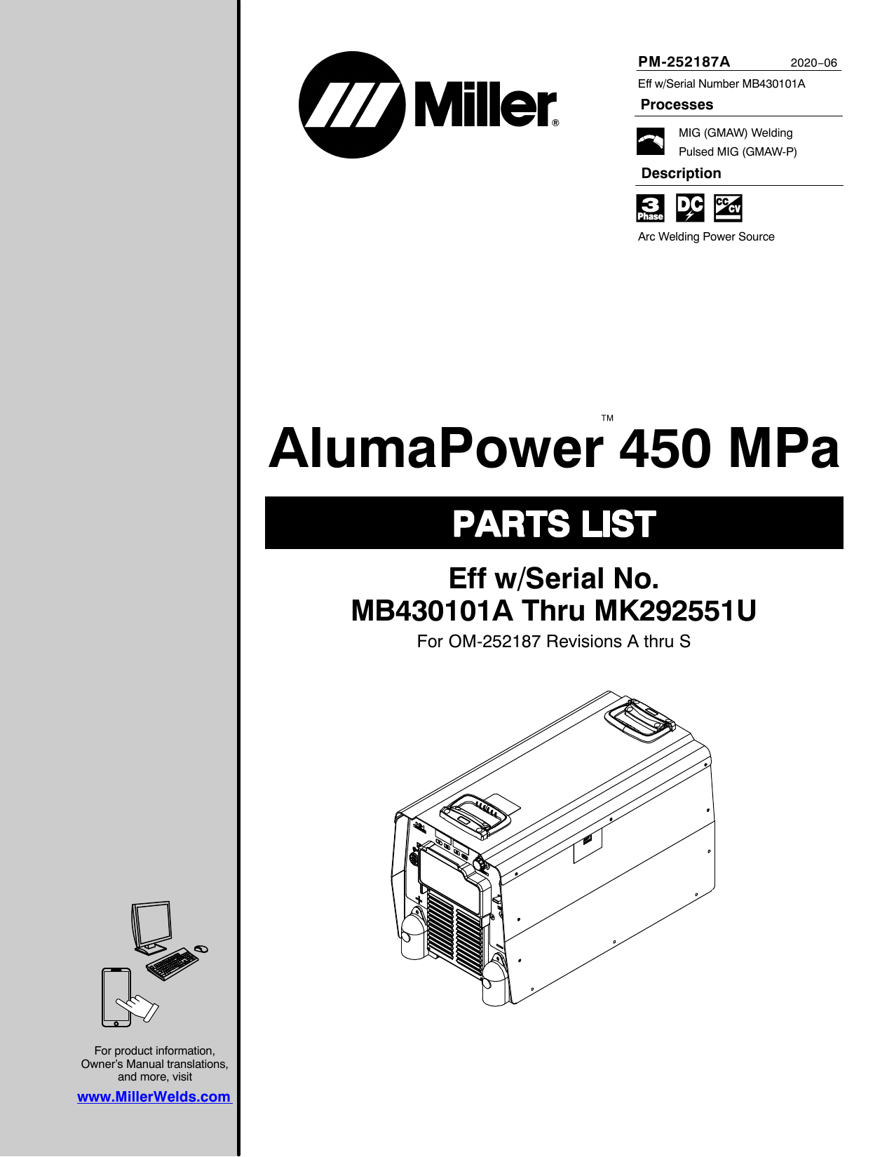 Miller MB470025A, MD122320U, MC390065U, MB420121A, MK292552U, MG512507U