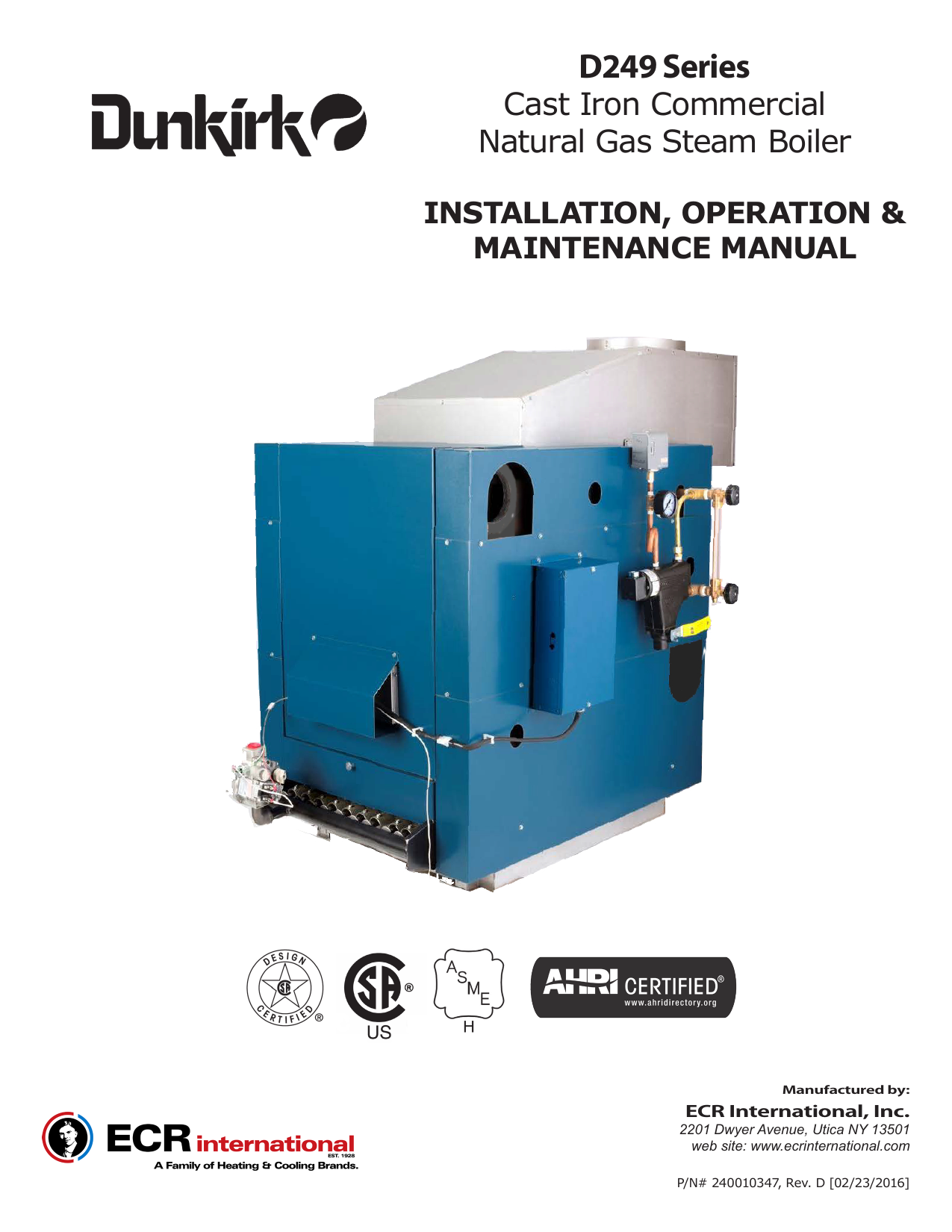 Dunkirk D249 Series Commercial Boiler Installation & Operation Manual