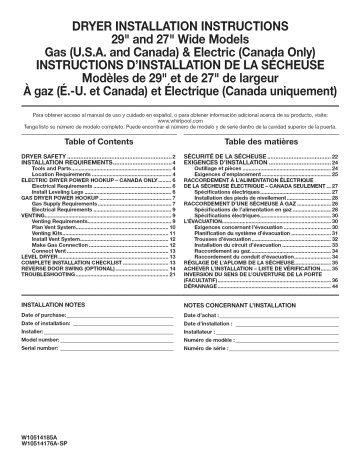Whirlpool WGD4800XQ4 Gas Dryer Installation instructions | Manualzz